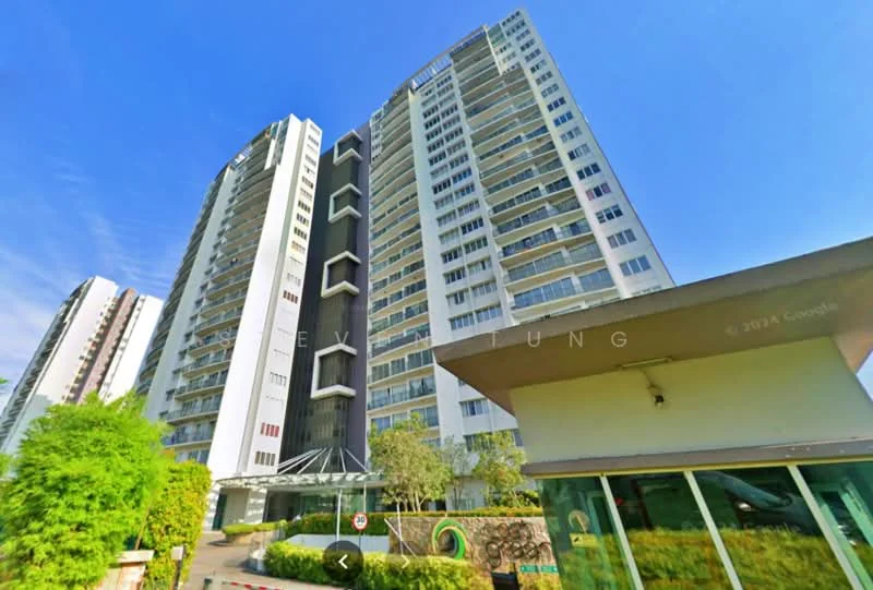 Exterior type: high-rise condominium; features: glass curtain wall, white painted facade, black accent wall, recessed balconies, landscaped garden, main entrance gate with guard house, multiple storeys, surrounded by greenery; style: modern.
