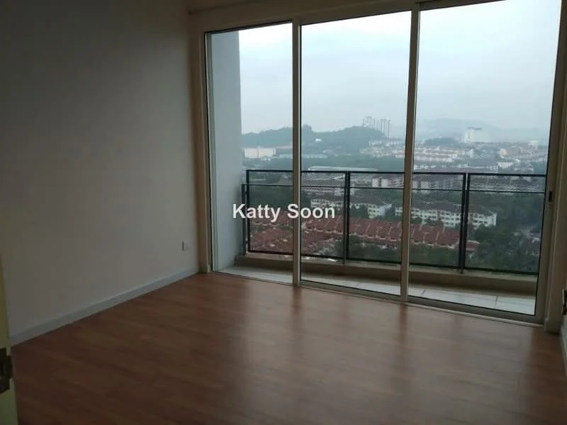 Room features: laminate flooring, large sliding glass door, floor-to-ceiling windows, balcony access, city view, neutral wall color, minimalist design; style: modern; view: city.