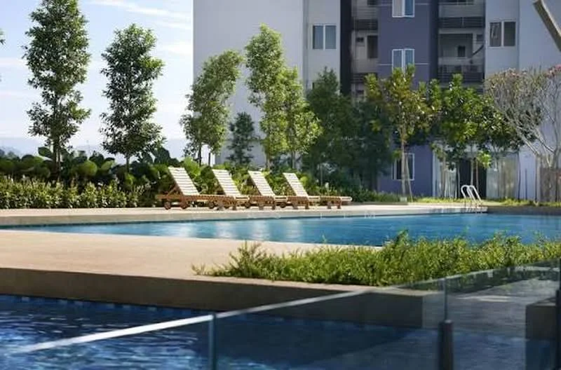 Exterior type: swimming pool deck; features: infinity pool, pool deck with loungers, landscaped garden with shrubs, mature trees, concrete pool edge, glass railing, sun loungers with green cushions, surrounding greenery; style: modern.
