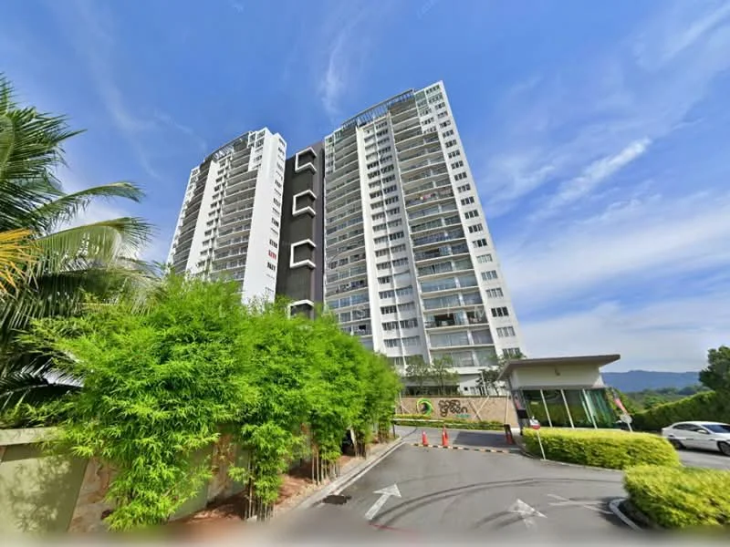 Exterior type: high-rise condominium; features: glass curtain wall, white painted facade, black accent panels, recessed balconies, landscaped garden with bamboo, manicured lawn, driveway with interlocking pavers, security guard house at entrance, surrounded by mature greenery; style: modern.