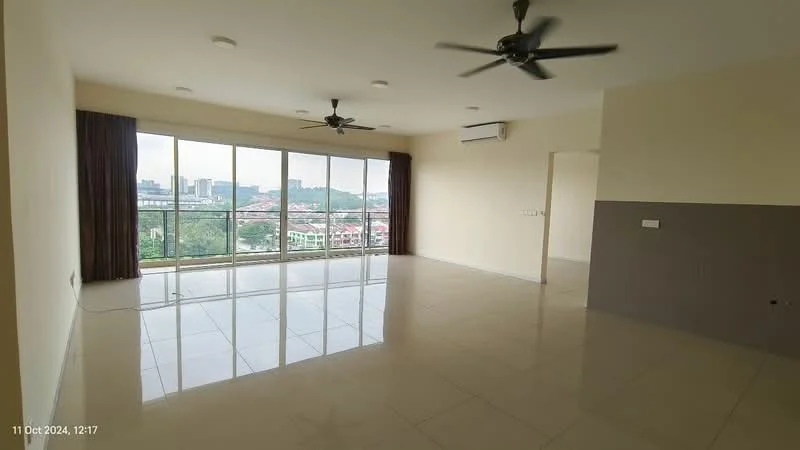 Living features: large floor-to-ceiling windows, 2 ceiling fans, white painted walls, cream tiled flooring, air conditioning unit, dark brown curtains, recessed downlights, open layout, city view; style: modern; view: city.