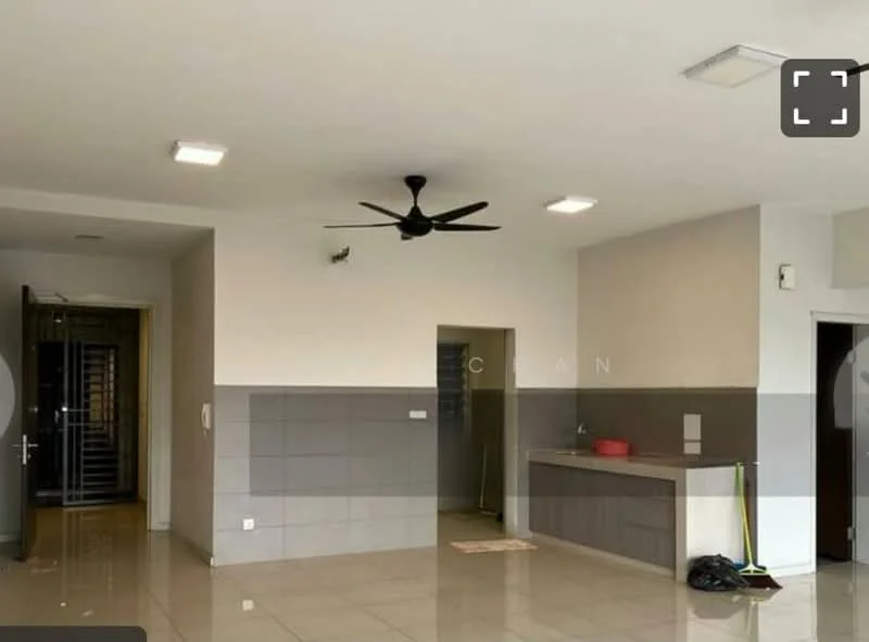 Living features: white painted walls, grey accent wall, polished tile flooring, 5-blade ceiling fan with light, recessed LED downlights, kitchenette with sink, countertop, doorway leading to hallway, doorway leading to kitchen, floor-to-ceiling windows, open layout; style: modern.
