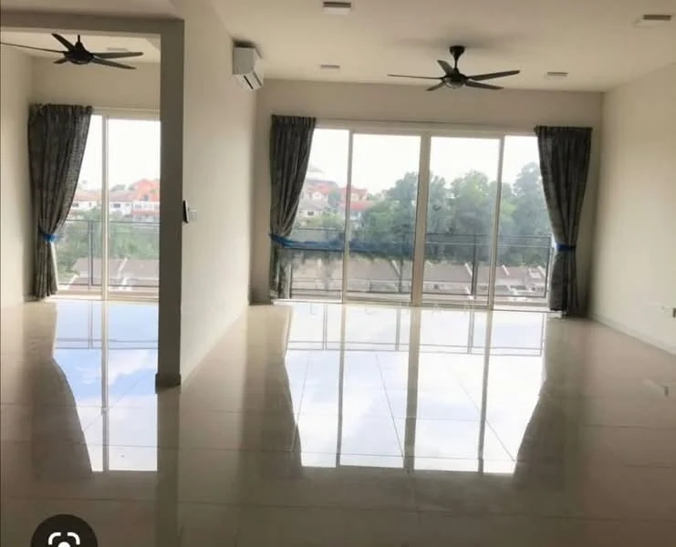 Living features: large floor-to-ceiling windows, sliding glass door, 2 ceiling fans, white painted walls, polished tile flooring, curtains, open layout, natural light; style: modern; view: city.