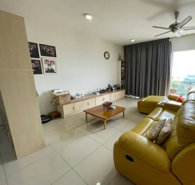 Living features: yellow leather sofa, coffee table, wall-mounted TV, built-in cabinetry, large windows with city view, curtains, ceiling fan, recessed lighting, white painted walls, glossy tile flooring; style: modern; view: city.
