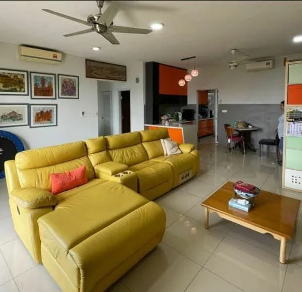 Living features: L-shape sectional sofa in yellow leather, coffee table, wall-mounted TV, framed artwork on walls, ceiling fan with light, recessed downlights, tile flooring, air conditioning unit, decorative cushions, open layout to kitchen, dining area visible in background; style: modern.