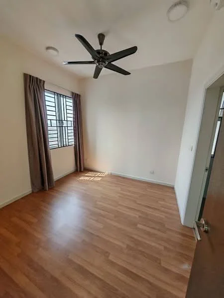 Bedroom features: laminate flooring, white painted walls, 5-blade ceiling fan, floor-to-ceiling window, sheer curtains, natural light from window, doorway to hallway; style: modern.