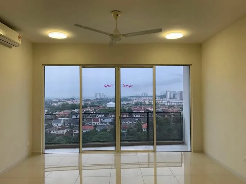 Living features: floor-to-ceiling windows, sliding glass door, white painted walls, polished ceramic tile flooring, 5-blade ceiling fan with light, wall-mounted split AC, recessed LED downlights, balcony view of city skyline; style: modern; view: city.