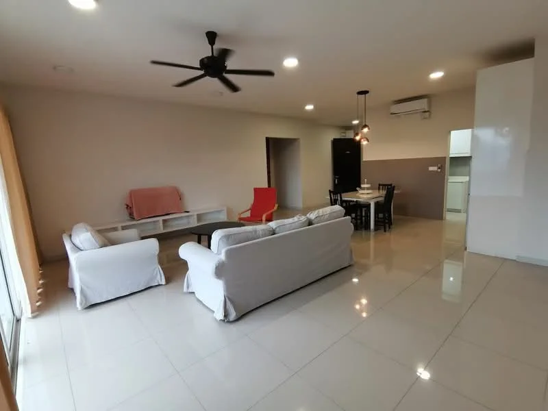 Living features: 3-seater fabric sofa in white, 2-seater fabric sofa in white, red accent chair, coffee table, TV console, wall-mounted TV, ceiling fan, recessed LED downlights, large windows with sheer curtains, glossy tile flooring, neutral painted walls, dining table with 4 chairs; style: modern.