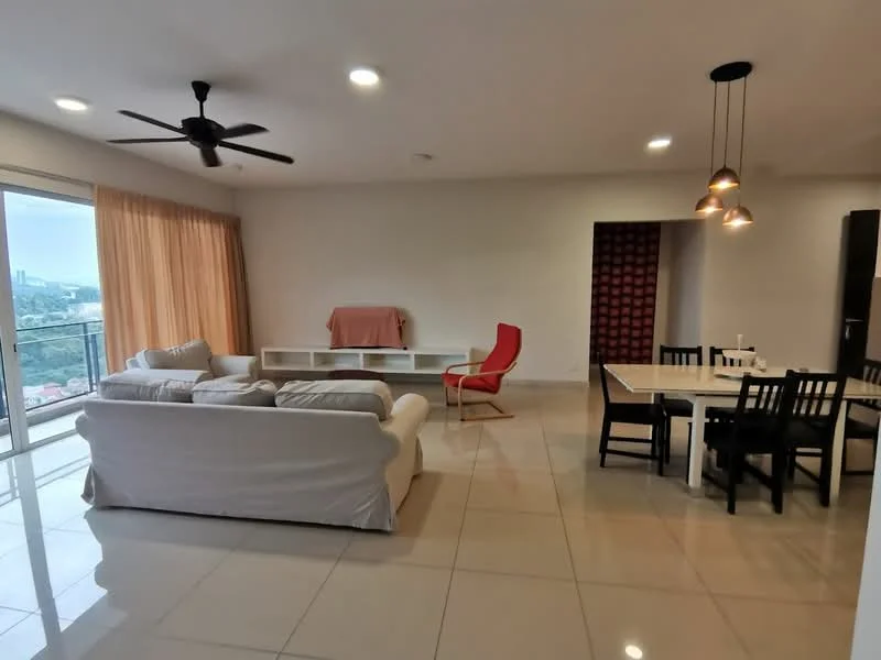 Living features: 3-seater fabric sofa in white, red accent chair, coffee table, TV console, wall-mounted TV, area rug, ceiling fan, recessed downlights, floor-to-ceiling windows with sheer curtains, tile flooring, dining table with 4 black chairs, open layout, city view; style: modern; view: city.