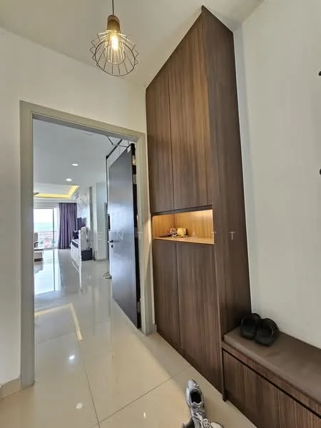 Room features: white painted walls, glossy tile flooring, wooden feature wall, built-in storage cabinet, recessed lighting, pendant light fixture, bench seating, shoe storage area; style: modern; view: city.