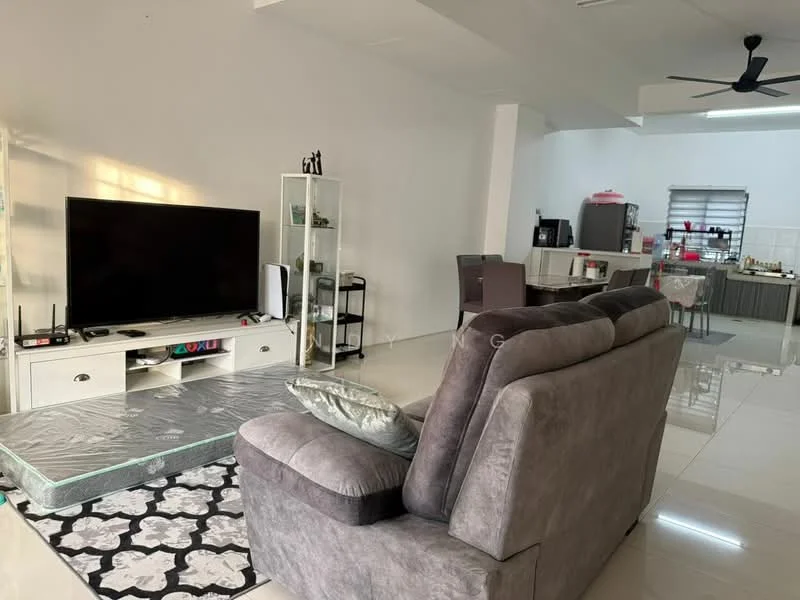 Living features: grey fabric sofa, coffee table, large wall-mounted TV, TV console, area rug with geometric pattern, ceiling fan, white painted walls, tile flooring, open layout to kitchen, decorative items on shelves, dining area visible in background; style: modern.