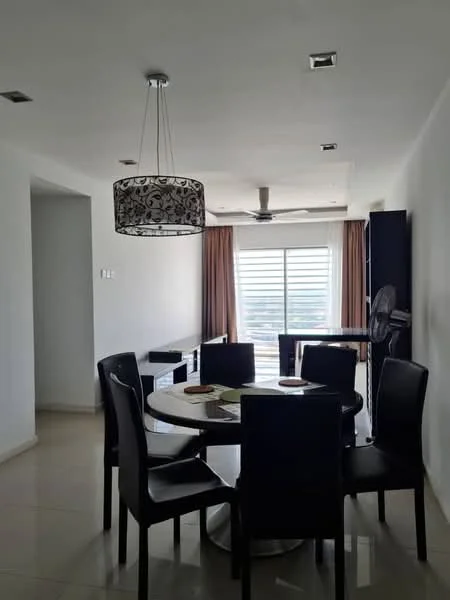 Dining features: round dining table, black upholstered dining chairs, chandelier with decorative design, ceiling fan, floor-to-ceiling windows, curtains in beige, white painted walls, tile flooring; style: modern; view: city.