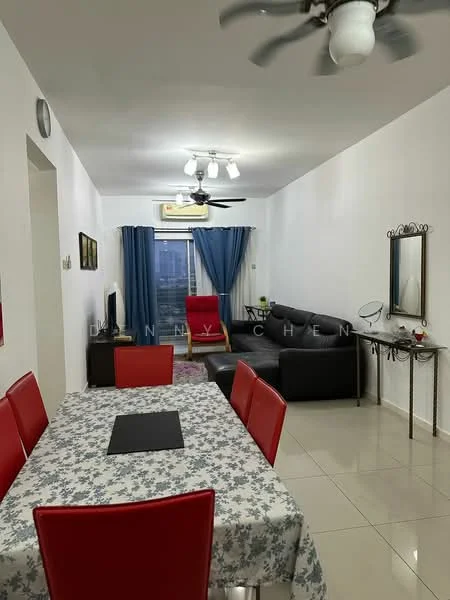 Living features: grey leather sectional sofa, red accent chair, glass coffee table, area rug with geometric pattern, wall-mounted mirror, ceiling fan with light, recessed downlights, floor-to-ceiling window with sheer curtains, decorative plant, wall-mounted console table; style: modern; view: city. Dining features: 6-seater dining table with floral tablecloth, red upholstered dining chairs, black placemat, decorative wall art, tile flooring; style: modern.