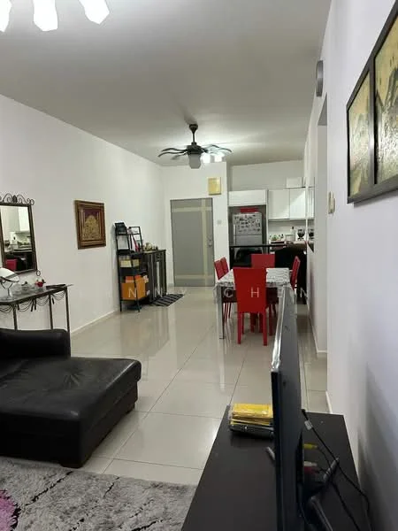 Living features: black leather sofa, area rug with geometric pattern, wall-mounted TV, coffee table, 5-blade ceiling fan with light, white painted walls, tile flooring, decorative wall art, open layout to kitchen, dining area with red chairs; style: modern. Kitchen features: white cabinetry, stainless-steel fridge, built-in oven, 4-burner gas hob, countertop with backsplash, open layout to living area; style: modern.