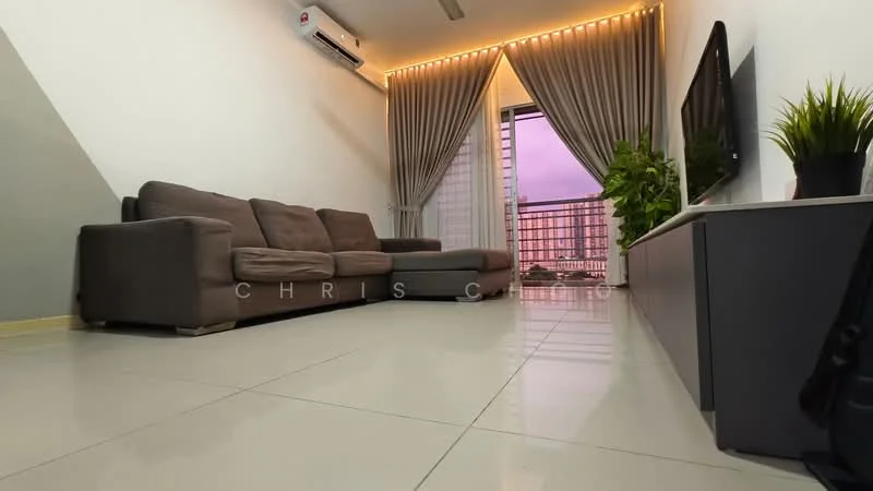 Living features: 3-seater fabric sofa in brown, L-shape sectional sofa, wall-mounted TV, TV console, floor-to-ceiling windows, sheer curtains, recessed LED downlights, 1 wall-mounted split AC, polished ceramic tile flooring, decorative plant in pot, area rug, decorative wall lighting; style: modern; view: city.