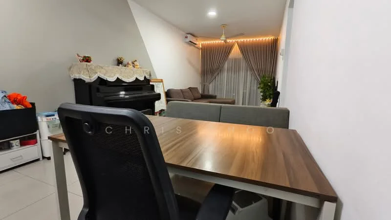 Living features: grey fabric sofa, wooden coffee table, black piano, white painted walls, recessed downlights, curtains, decorative plants, tile flooring; style: modern. Room features: desk with black chair, white cabinetry, decorative lace tablecloth.
