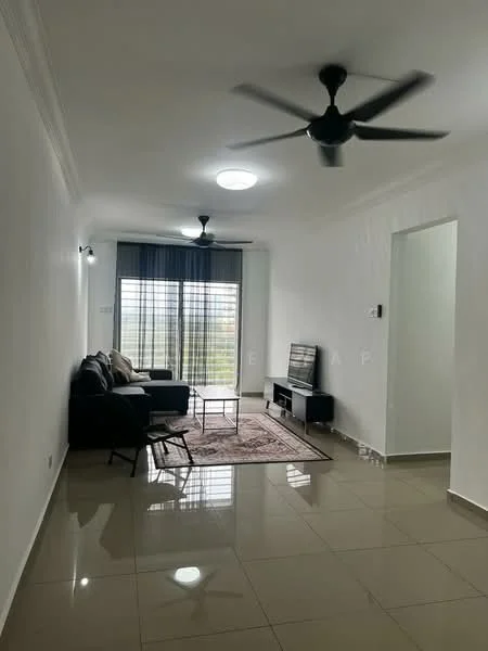 Living features: 3-seater fabric sofa in dark grey, coffee table, TV console, wall-mounted TV, area rug with geometric pattern, 2-blade ceiling fan, recessed downlights, floor-to-ceiling windows with sheer curtains, white painted walls, glossy tile flooring; style: modern; view: city.