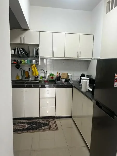 Kitchen features: white cabinetry, black countertop, stainless-steel sink, chrome pull-down faucet, built-in oven, freestanding range oven, microwave, refrigerator, ceramic tile flooring, wall-mounted shelves, kitchen rug, dish rack, various kitchen utensils; style: modern.