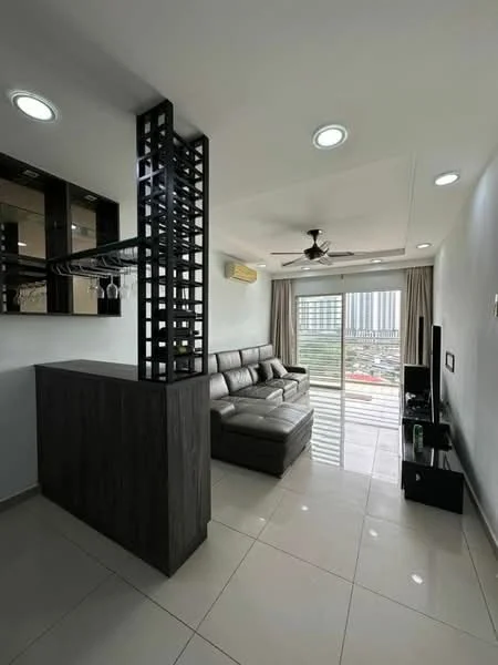 Living features: grey leather sectional sofa, coffee table, wall-mounted TV, TV console, 5-blade ceiling fan with light, recessed downlights, white painted walls, cream tiled flooring, floor-to-ceiling windows, curtains, open shelving unit, air conditioning unit; style: modern; view: city.