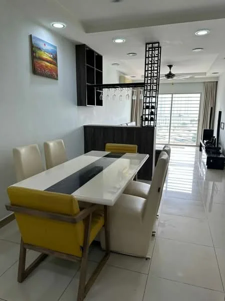 Dining features: 6-seater dining table with white marble top, yellow upholstered dining chairs, wooden dining table legs, pendant light fixtures, white painted walls, tile flooring, floor-to-ceiling windows, curtains, wall-mounted TV, open shelving unit, decorative artwork on wall, ceiling fan with light; style: modern; view: city.