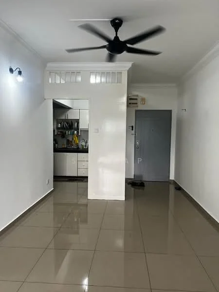 Living features: white painted walls, glossy ceramic tile flooring, 5-blade ceiling fan with light, wall-mounted light fixture, open layout to kitchen, doorway to entrance, neutral color scheme, air conditioning unit; style: modern. Kitchen features: white cabinetry, stainless-steel sink, kitchen appliances visible, countertop space, open shelving; style: modern.