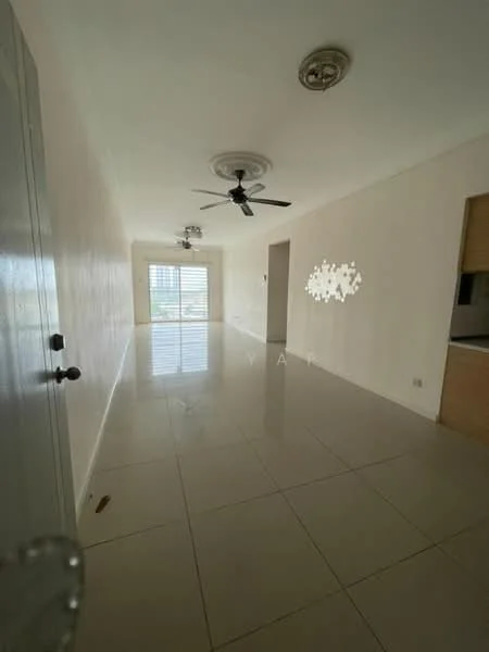 Living features: white painted walls, glossy tile flooring, 2 ceiling fans, recessed downlights, large windows with blinds, open layout, neutral color scheme, light fixture on ceiling; style: modern; view: city.