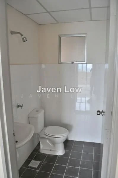 Bathroom features: white tiled walls, grey floor tiles, one-piece toilet, chrome basin mixer faucet, shower head with wall mount, small window for natural light, exhaust fan, tile cladding to half wall; style: modern.