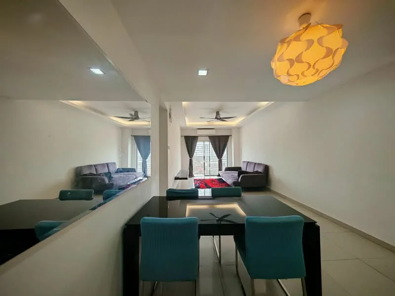 Living features: grey fabric sofa, 2-seater sofa, 3-seater sofa, red area rug, ceiling fan with light, recessed downlights, floor-to-ceiling windows, curtains, white painted walls, tile flooring, mirror wall, dining table with black surface, blue upholstered dining chairs; style: modern; view: city.