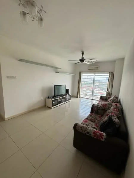 Living features: white painted walls, glossy tile flooring, 5-blade ceiling fan with light, sofa with floral upholstery, TV console, wall-mounted TV, sliding glass door, curtains, shelf above TV, natural light from window; style: modern; view: city.