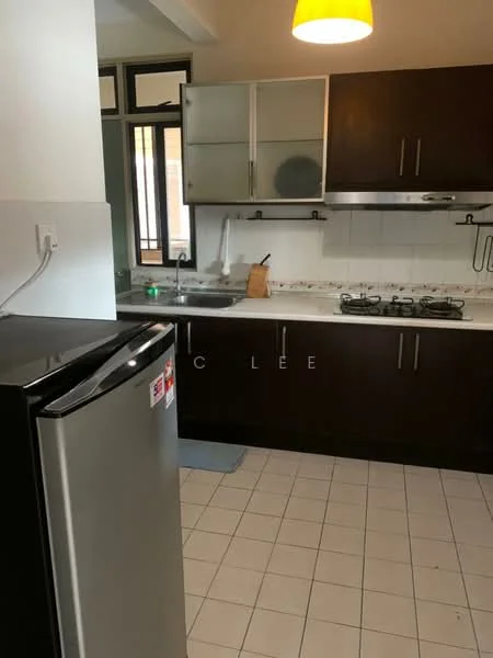 Kitchen features: stainless-steel fridge, double-bowl stainless-steel sink, chrome pull-down faucet, 4-burner gas hob, built-in oven, dark wood cabinetry, white tiled backsplash, white countertop, tile flooring, window with grid design, pendant light, kitchen mat; style: modern.