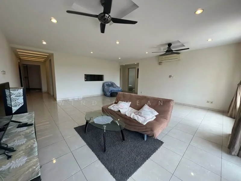 Living features: 3-seater fabric sofa in brown, glass coffee table, area rug in dark grey, wall-mounted TV, ceiling fan with light, recessed downlights, cream painted walls, tile flooring, air conditioning unit; style: modern.