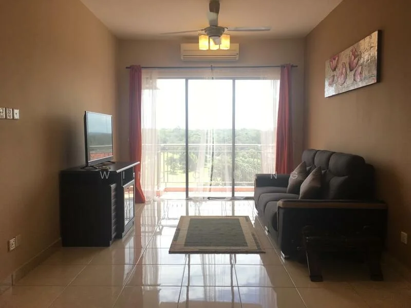 Living features: 3-seater fabric sofa in dark grey, coffee table with glass top, wall-mounted TV, TV console in dark wood, floor-to-ceiling windows, sheer curtains, ceiling fan with light, recessed downlights, glossy tile flooring, decorative wall art, balcony view of greenery; style: modern; view: garden.