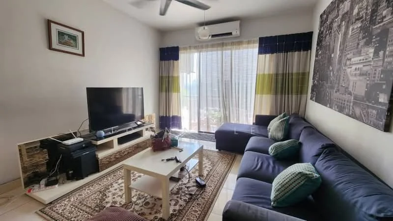 Living features: 3-seater fabric sofa in navy blue, 2-seater fabric sofa in navy blue, coffee table with white top, TV console with storage, wall-mounted flat-screen TV, area rug with intricate pattern, ceiling fan, floor-to-ceiling windows with sheer curtains, decorative wall art, green accent pillows on sofa, air conditioning unit on wall; style: modern; view: city.