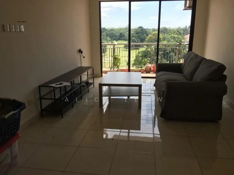 Living features: grey fabric sofa, white coffee table, TV console, large sliding glass door, floor-to-ceiling windows, glossy tile flooring, decorative plants on balcony, basket for storage; style: modern; view: garden.