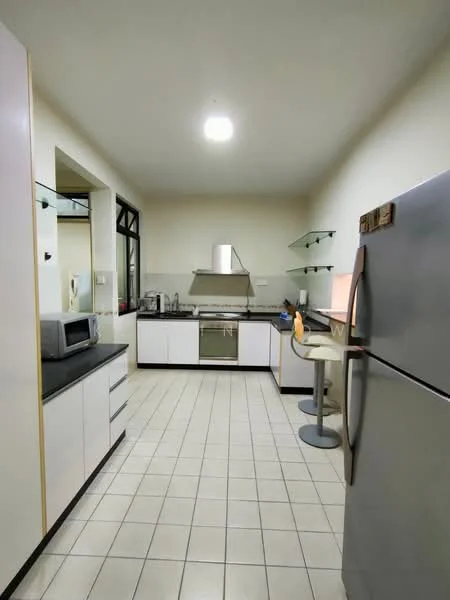 Kitchen features: white cabinetry, black countertop, stainless-steel range hood, built-in oven, freestanding fridge, microwave, tile flooring, open shelving, bar stool, single-bowl stainless-steel sink, chrome pull-down faucet, wall-mounted cabinets, window with black frame, recessed lighting; style: modern.