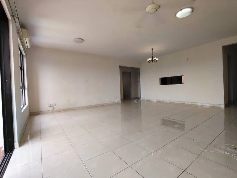 Living features: white painted walls, glossy ceramic tile flooring, recessed downlights, ceiling fan, chandelier, large windows, sliding glass door, open layout, wall-mounted TV console; style: modern.