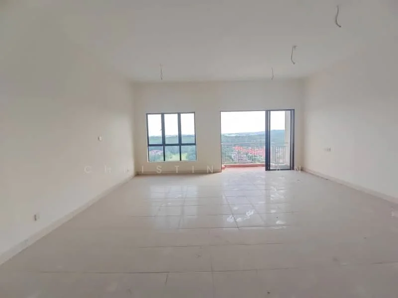 Living features: white painted walls, polished ceramic tile flooring, floor-to-ceiling windows, sliding glass door, natural light from windows, mountain view, no visible furniture, high ceiling; view: mountain.