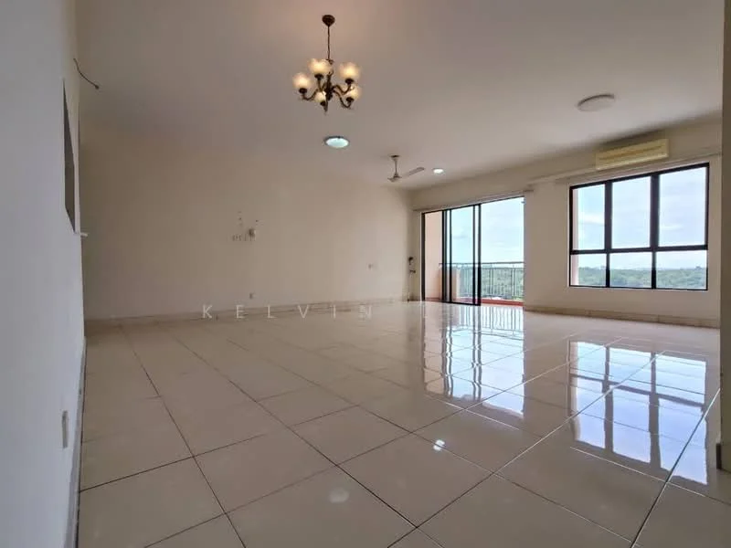Living features: glossy ceramic tile flooring, white painted walls, tray ceiling with chandelier, recessed downlights, floor-to-ceiling windows, sliding glass door, balcony access, ceiling fan; style: modern; view: garden.