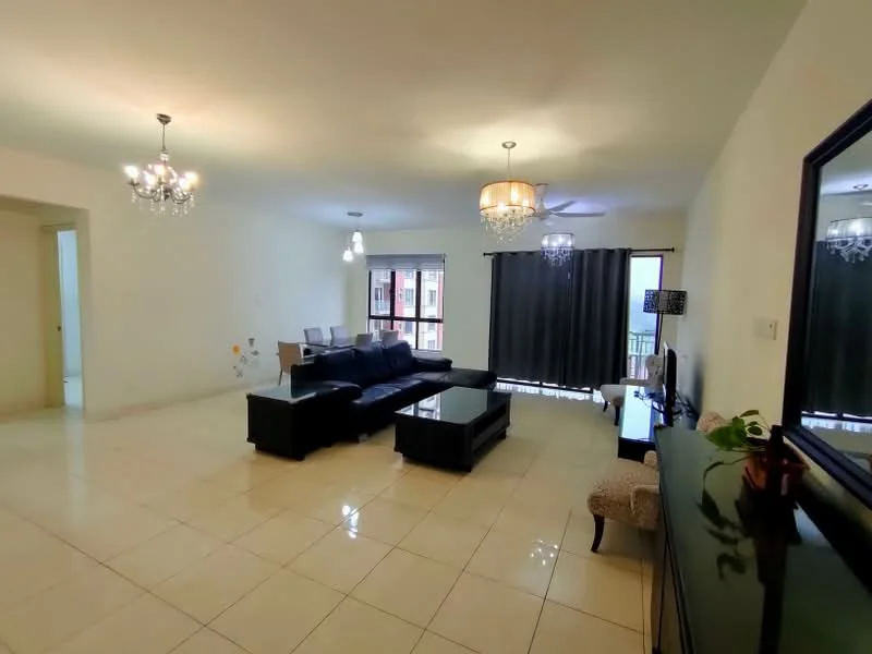 Living features: 3-seater fabric sofa in dark blue, 2-seater fabric sofa in light grey, glass coffee table, TV console, wall-mounted TV, chandelier lighting, ceiling fan, large windows with sheer curtains, white painted walls, glossy tile flooring, decorative mirror, area rug; style: modern.