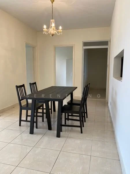 Dining features: rectangular dining table in black, 6 wooden dining chairs in black, chandelier with multiple bulbs, cream painted walls, white ceiling, tile flooring in light color, niche for wall-mounted TV, doorway leading to adjacent room; style: modern.
