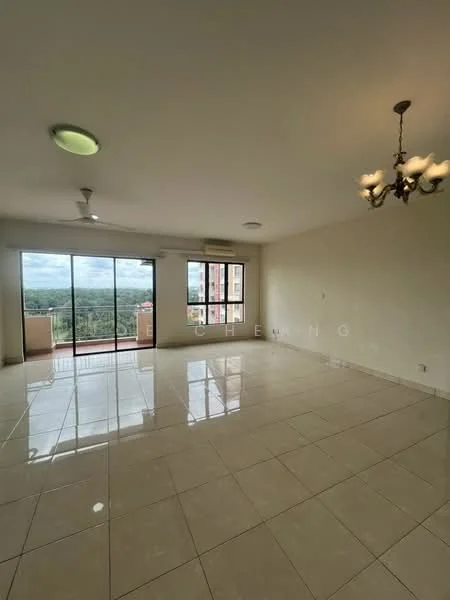 Living features: white painted walls, glossy ceramic tile flooring, recessed downlights, 5-blade ceiling fan, chandelier, floor-to-ceiling windows, sliding glass door, balcony view, air conditioning unit; style: modern; view: city.