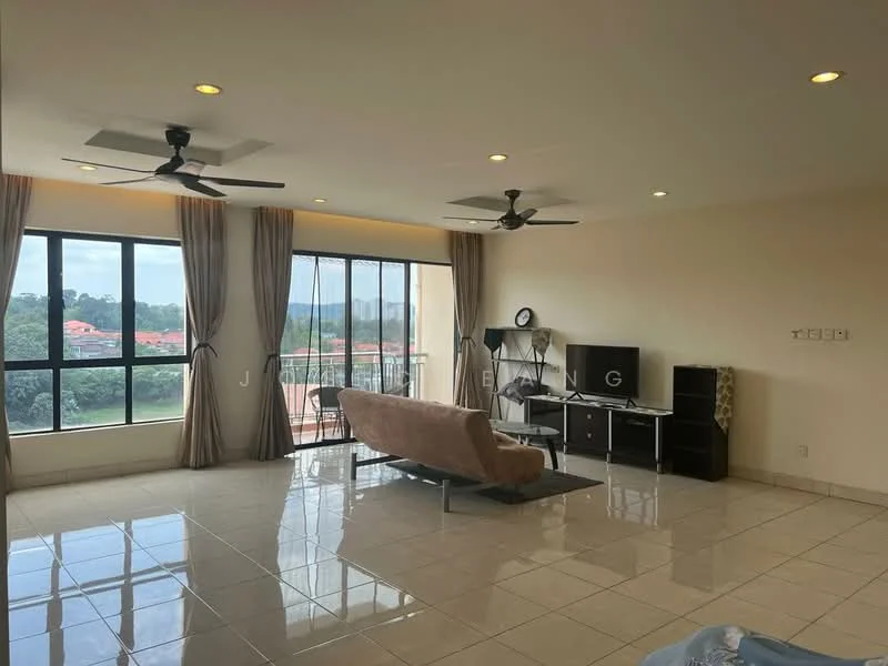 Living features: floor-to-ceiling windows, 2 ceiling fans, light-colored walls, glossy tile flooring, sofa bed in beige, TV console, wall-mounted TV, decorative clock, curtains, view of greenery, open layout; style: modern; view: garden.