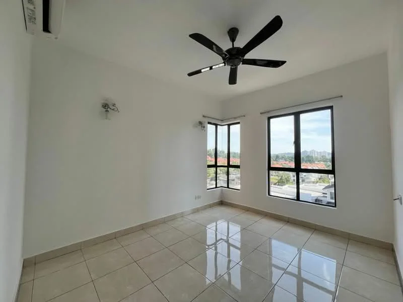 Room features: white painted walls, glossy ceramic tile flooring, 5-blade ceiling fan with light, floor-to-ceiling windows, window treatments, corner windows, city skyline view, air conditioning unit; style: modern; view: city.