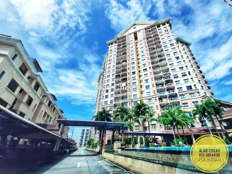 Exterior type: high-rise condominium; features: tall building with multiple floors, balconies on upper floors, palm trees in foreground, covered walkway leading to entrance, manicured landscaping, blue sky with clouds, driveway leading to building, water feature visible in foreground; style: modern.