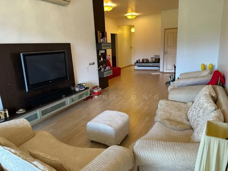 Living features: light wood flooring, white painted walls, ceiling-mounted lights, wall-mounted TV, entertainment unit, 3-seater fabric sofa in beige, 2-seater fabric sofa in cream, coffee table, decorative items on shelves, doorway to hallway; style: contemporary.