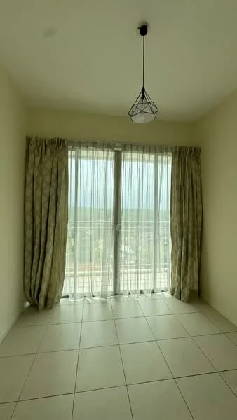 Room features: floor-to-ceiling windows, sheer curtains, geometric pendant light, cream painted walls, tile flooring, natural light, view of greenery; style: modern; view: garden.