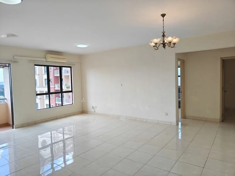 Living features: white painted walls, glossy ceramic tile flooring, ceiling light fixture with multiple bulbs, floor-to-ceiling windows, air conditioning unit, neutral color scheme, open layout, natural light from windows; style: modern; view: city. Room features: white painted walls, glossy ceramic tile flooring, doorway leading to another room.