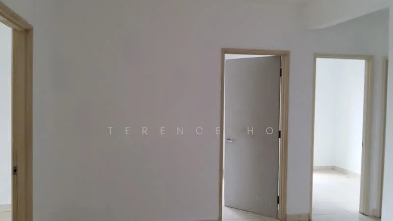 Room features: white painted walls, light-colored tiled flooring, doorway leading to another room, doorway leading to another room.