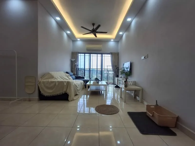 Living features: cream painted walls, white ceiling with recessed lighting, 5-blade ceiling fan with light, large floor-to-ceiling windows, sliding glass door, grey fabric sofa, beige throw blanket on sofa, light-colored area rug, TV mounted on wall, TV console, decorative wall clock, curtains, tile flooring; style: modern; view: city.