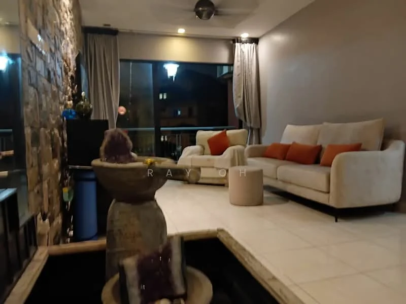 Living features: 3-seater fabric sofa in cream, decorative cushions in orange and beige, coffee table, floor-to-ceiling windows, curtains in light grey, stone feature wall, recessed downlights, ceiling fan, decorative water feature, tile flooring in white, indoor plants, wall-mounted light fixture; style: modern.